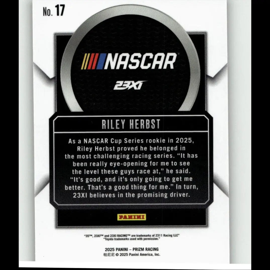 NascAR 23xi trading card featuring riley herbst talisman with black and silver design from 2025 panini prizm