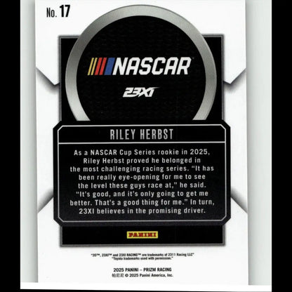 NascAR 23xi trading card featuring riley herbst talisman with black and silver design from 2025 panini prizm