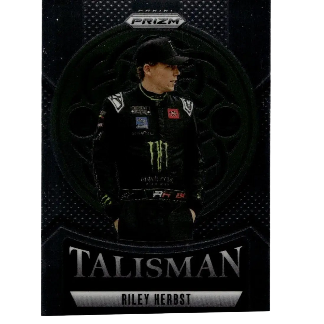 Black racing suit with green monster energy logo and white sponsor patches worn by riley herbst on 2025 panini prizm talisman card