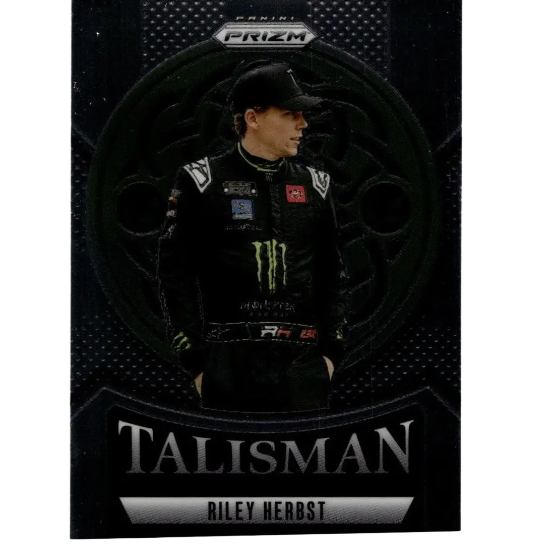Black racing suit with green monster energy logo and white sponsor patches worn by riley herbst on 2025 panini prizm talisman card