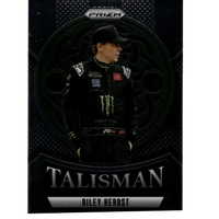 Black racing suit with green monster energy logo and white sponsor patches worn by riley herbst on 2025 panini prizm talisman card