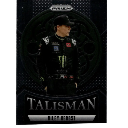 Black racing suit with green monster energy logo and white sponsor patches worn by riley herbst on 2025 panini prizm talisman card