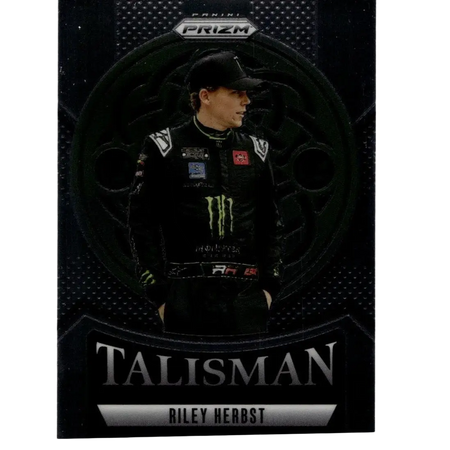 Black racing suit with green monster energy logo and white sponsor patches worn by riley herbst on 2025 panini prizm talisman card
