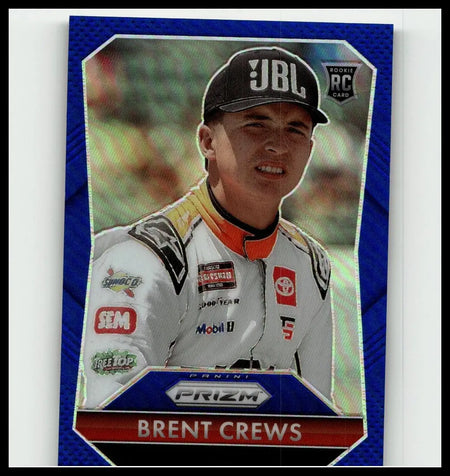 Blue prizm rookie panini prizm trading card featuring brent crews in white racing suit and black jbl cap numbered 199