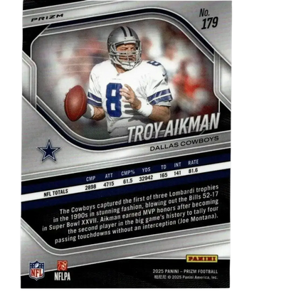 Silver and blue dallas cowboys troy aikman football trading card from 2025 panini prizm featuring aikman silver jersey