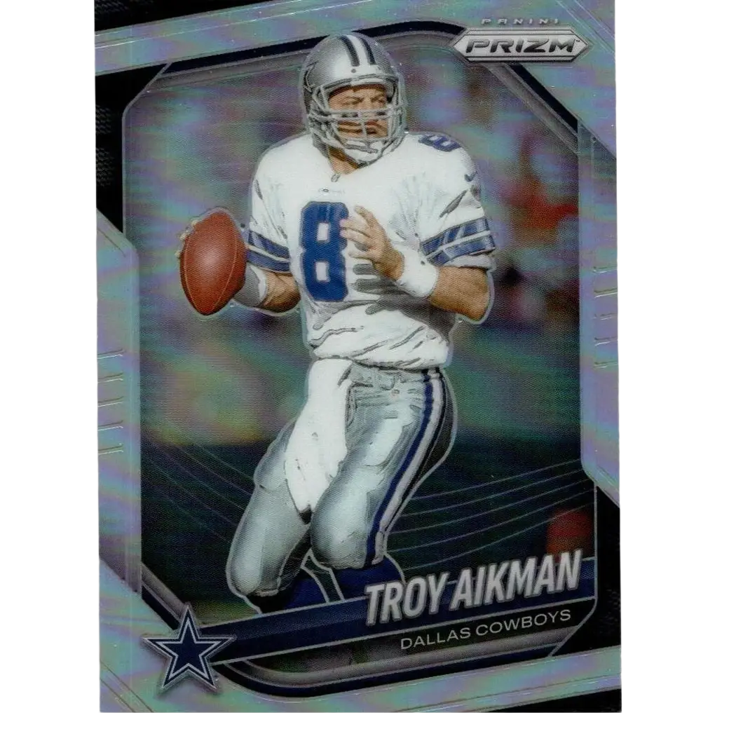 Silver and blue panini prizm 2025 troy aikman silver football trading card featuring number 8 dallas cowboys uniform