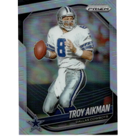 Silver and blue panini prizm 2025 troy aikman silver football trading card featuring number 8 dallas cowboys uniform