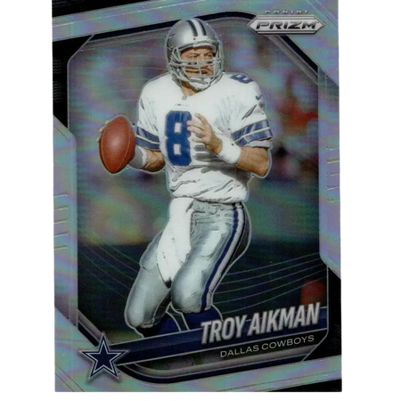 Silver and blue panini prizm 2025 troy aikman silver football trading card featuring number 8 dallas cowboys uniform