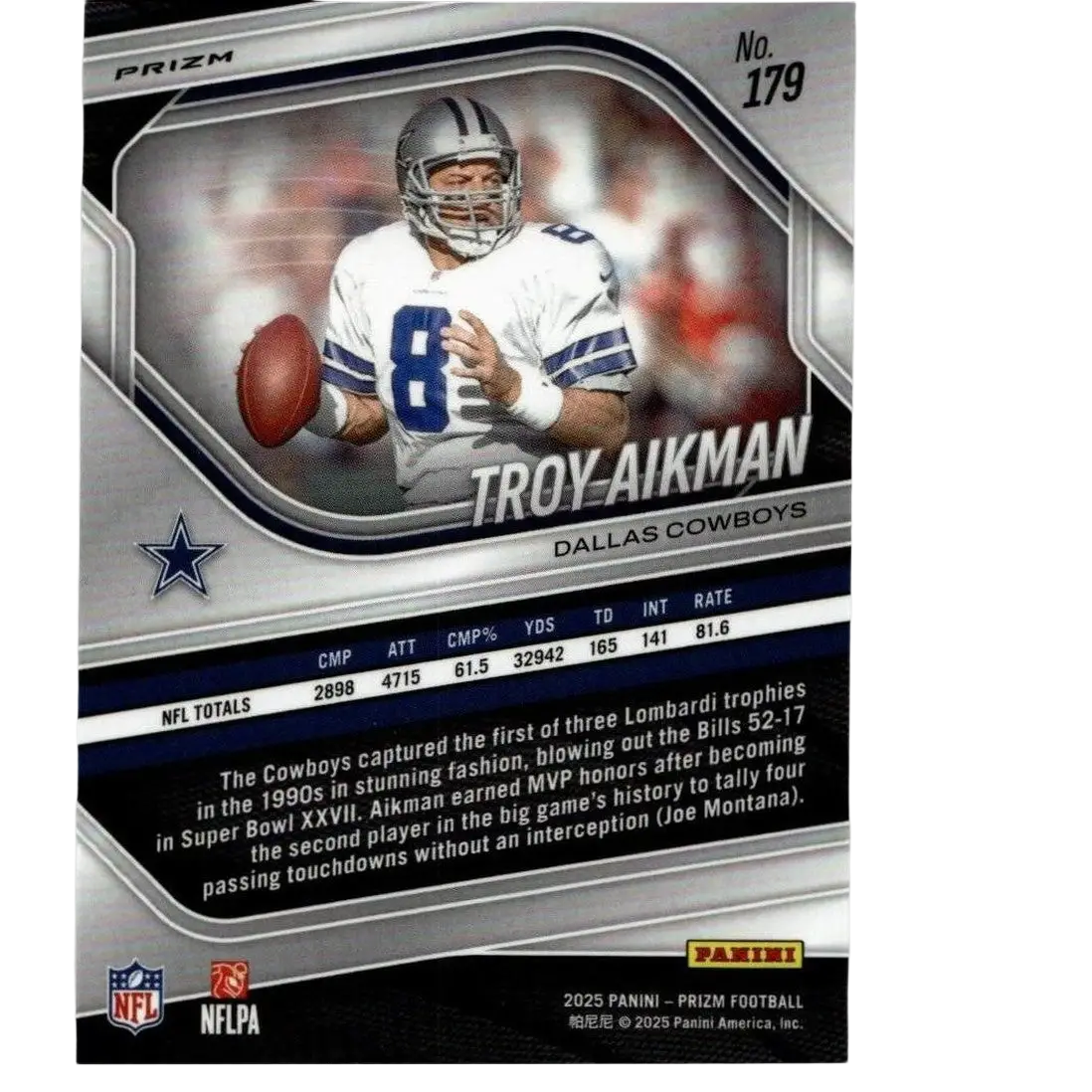 Silver and blue dallas cowboys football trading card featuring troy aikman in his iconic number 8 jersey panini prizm