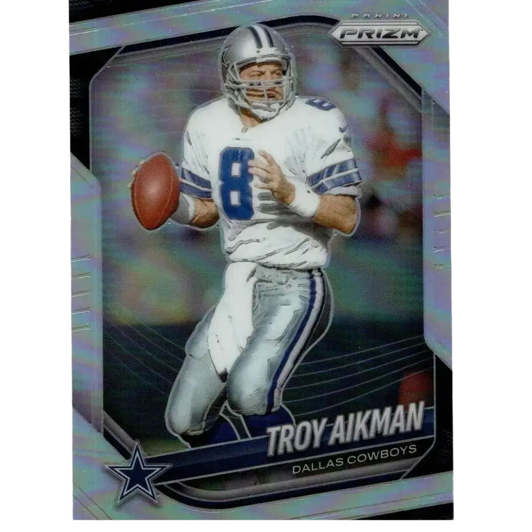 Silver and blue dallas cowboys football trading card of troy aikman in number 8 uniform from 2025 panini prizm silver