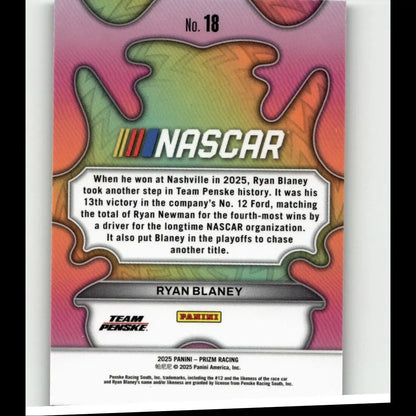 Nascar trading card featuring ryan blaney team penske no 18 from 2025 panini prizm ryan blaney groovy series