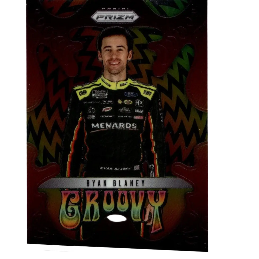 2025 panini prizm #18 ryan blaney groovy trading card with ryan blaney in black and yellow suit on colorful zigzag background