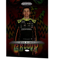 2025 panini prizm #18 ryan blaney groovy trading card with ryan blaney in black and yellow suit on colorful zigzag background