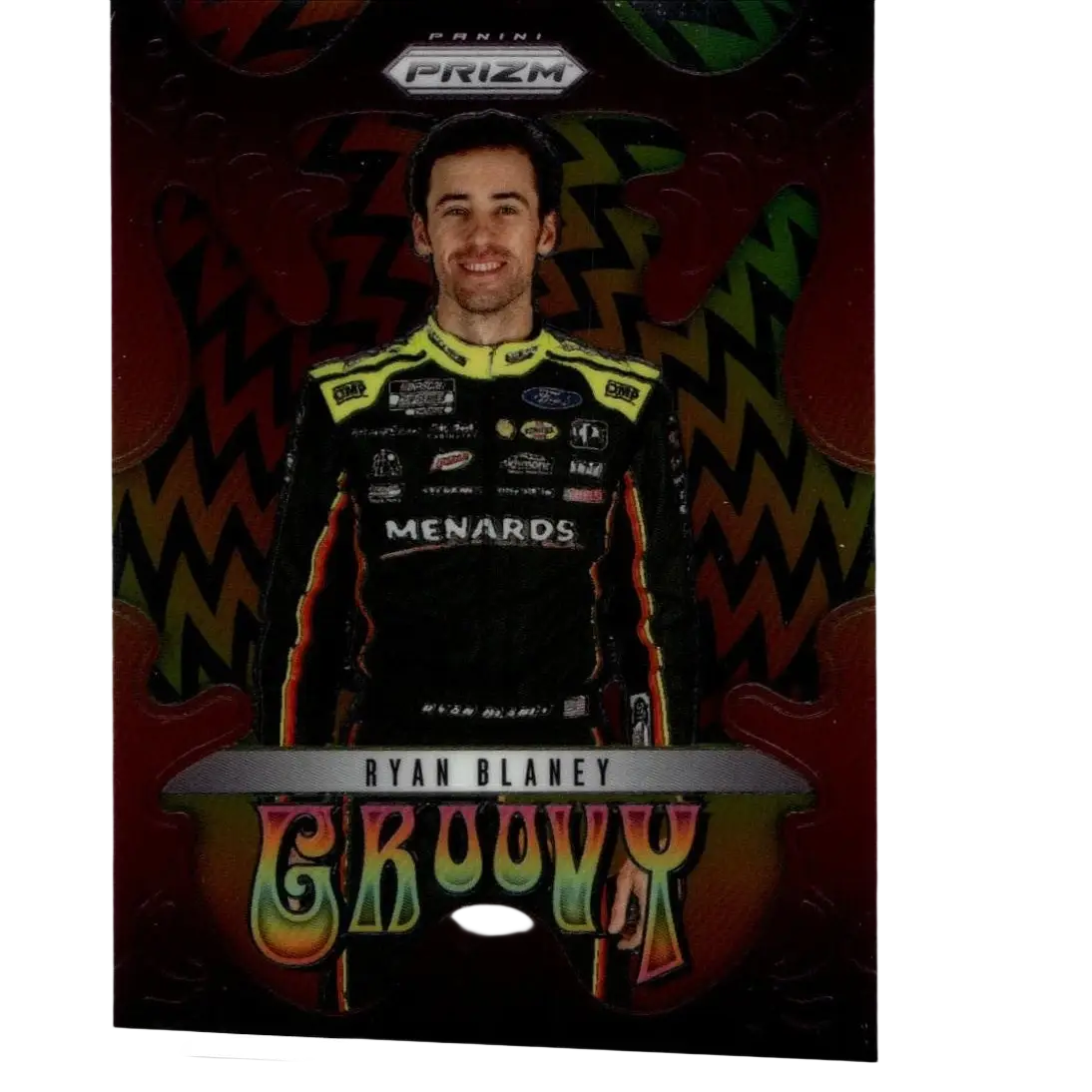 2025 panini prizm #18 ryan blaney groovy trading card with ryan blaney in black and yellow suit on colorful zigzag background