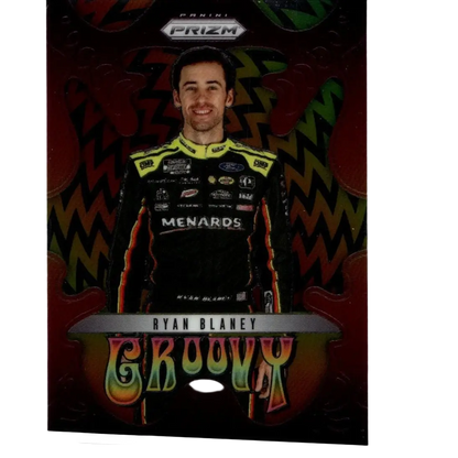2025 panini prizm #18 ryan blaney groovy trading card with ryan blaney in black and yellow suit on colorful zigzag background
