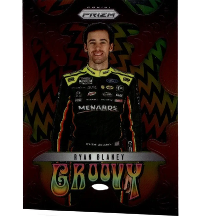 2025 panini prizm #18 ryan blaney groovy trading card with ryan blaney in black and yellow suit on colorful zigzag background