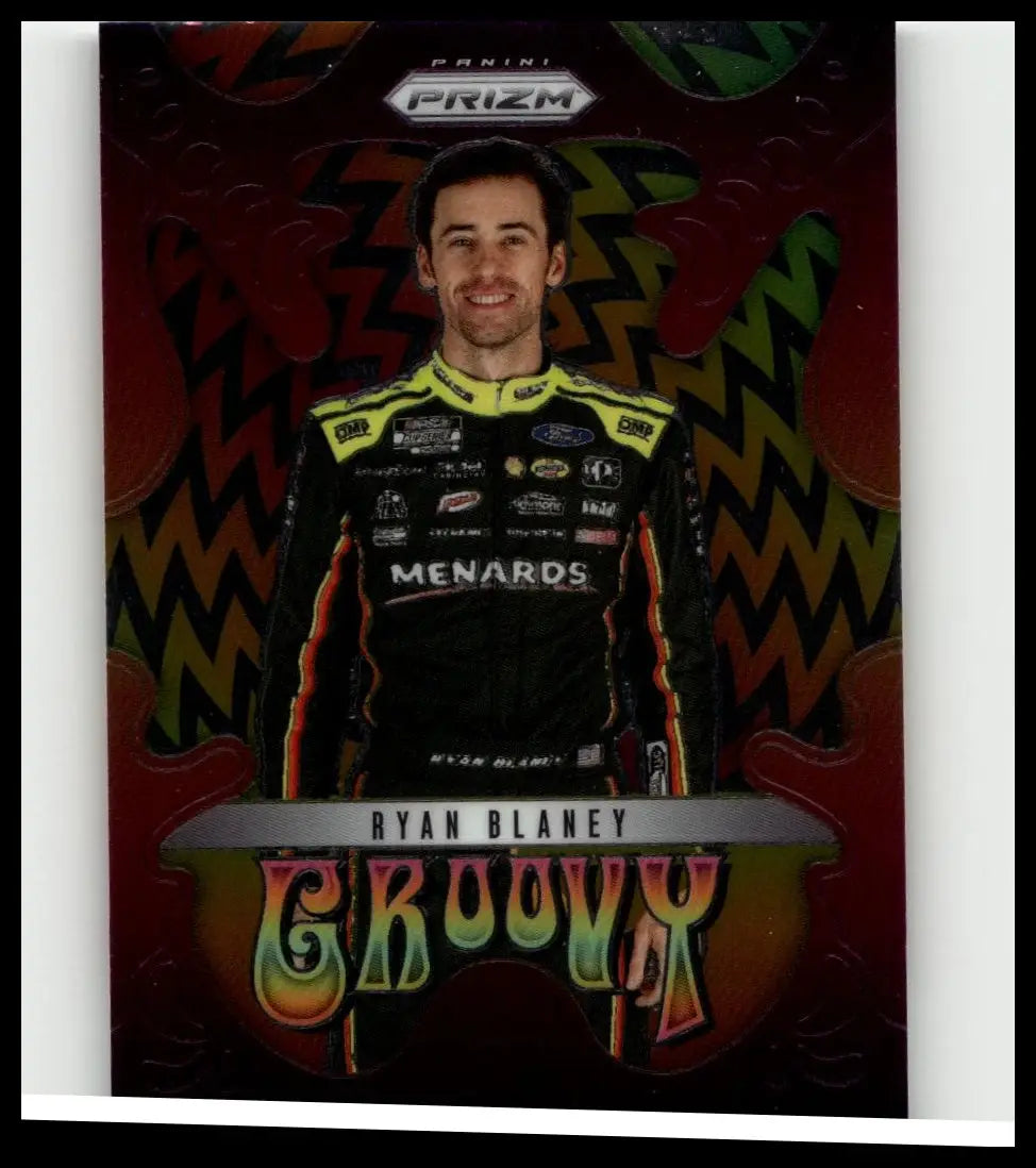 This 2025 panini prizm #18 ryan blaney groovy trading card features ryan blaney in a black and yellow racing suit on red background