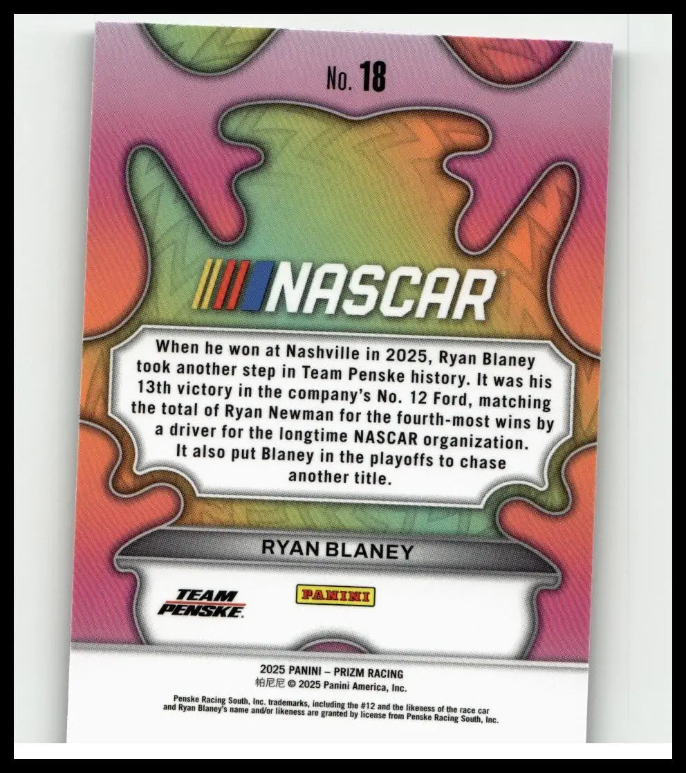 Nascar trading card 2025 panini prizm #18 ryan blaney groovy with vibrant iridescent background and bold black text