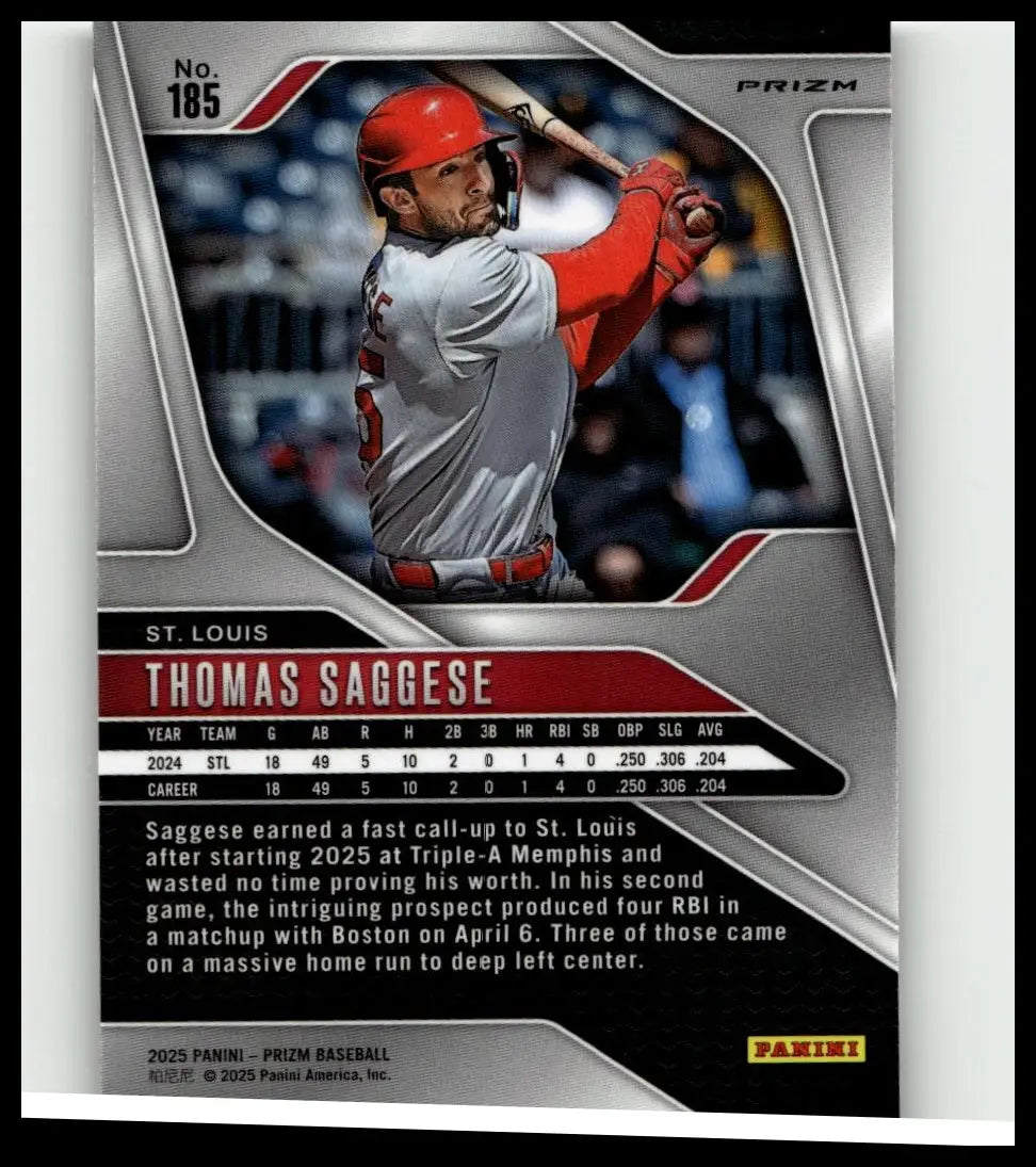 Silver and red 2025 panini prizm baseball trading card featuring thomas saggese in a gray uniform with orange helmet