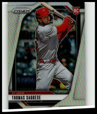 Silver and red prizm rookie baseball trading card featuring thomas saggese in gray uniform with saggese silver prizms