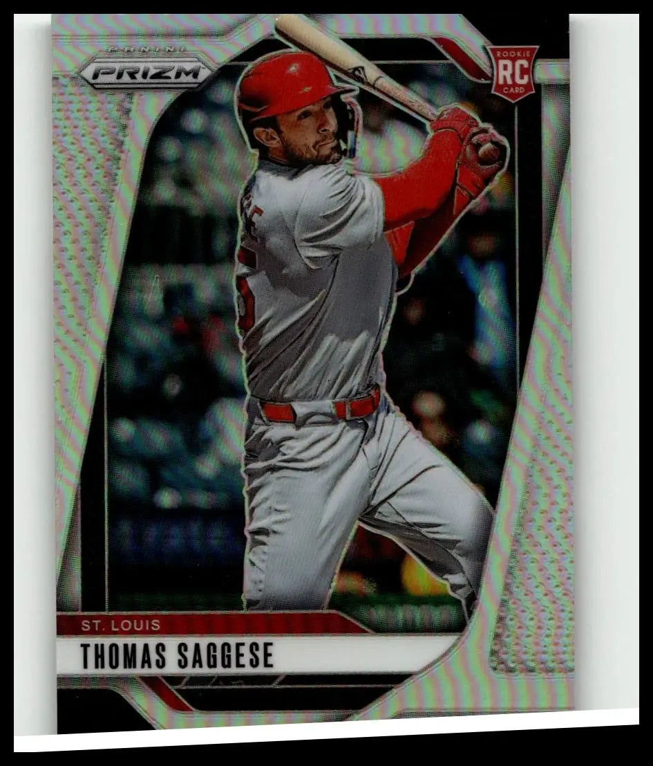 Silver and red prizm rookie baseball trading card featuring thomas saggese in gray uniform with saggese silver prizms