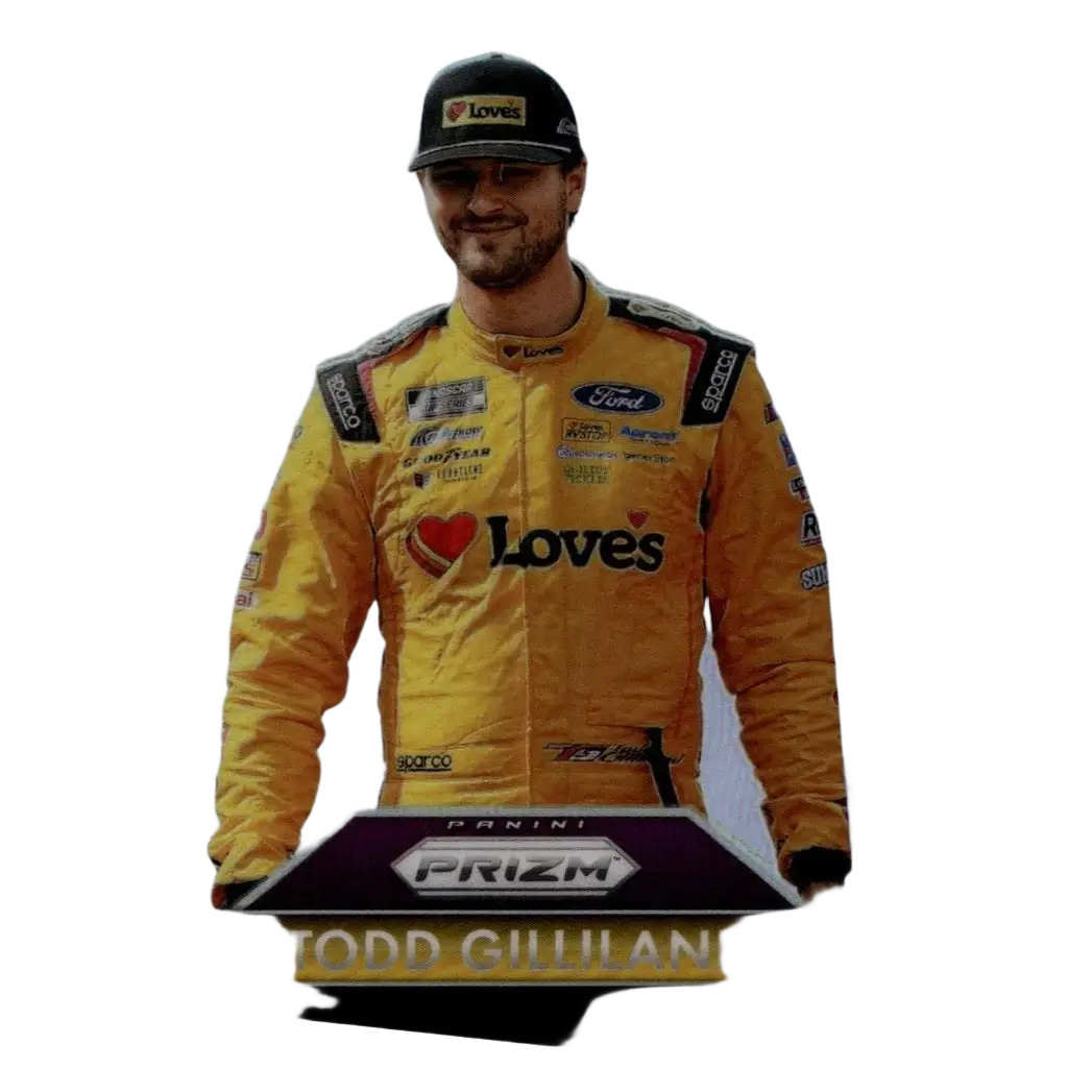 Yellow racing suit with black and red sponsor logos and heart-shaped loves emblem in 2025 panini prizm todd gilliland purple card