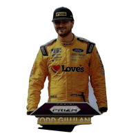 Yellow racing suit with black and red sponsor logos and heart-shaped loves emblem in 2025 panini prizm todd gilliland purple card