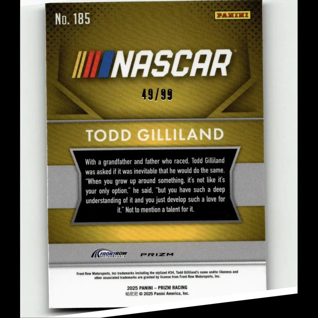 Gold-colored nascar trading card featuring todd gilliland numbered 49/99 from 2025 panini prizm purple series