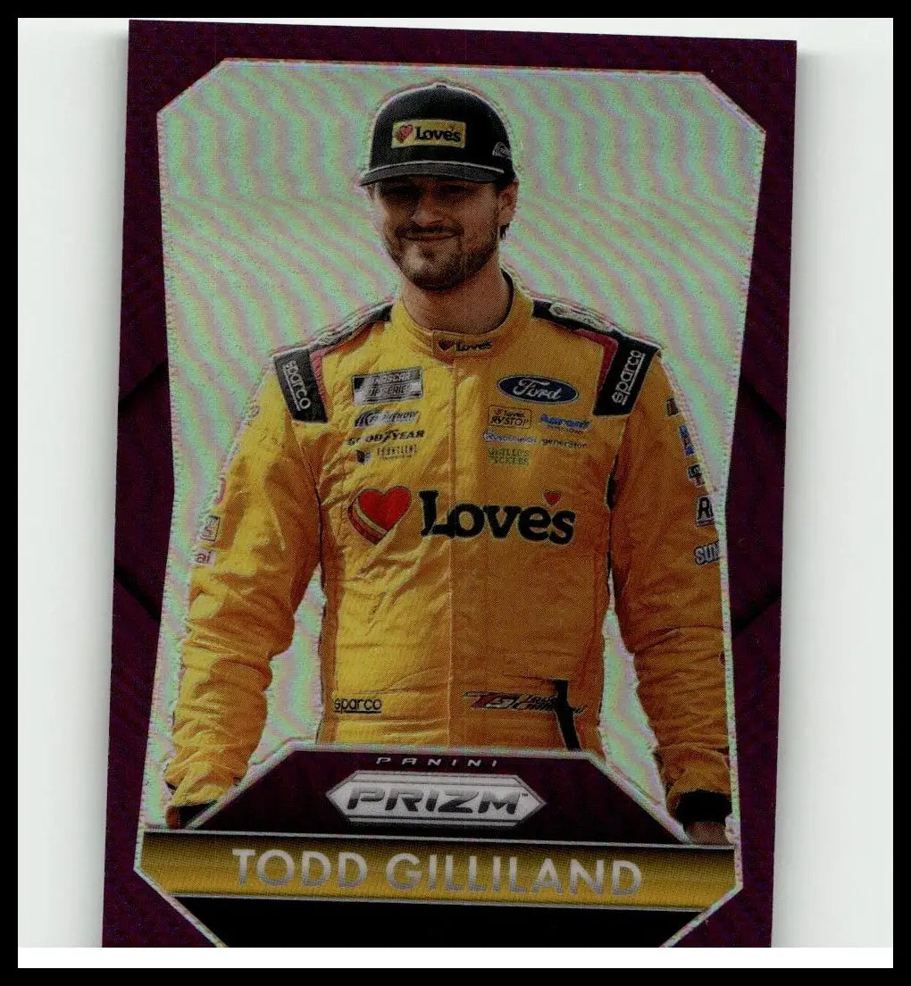 Yellow racing suit with black and red accents featuring loves branding on todd gilliland purple panini prizm card