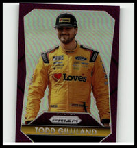 Yellow racing suit with black and red accents featuring loves branding on todd gilliland purple panini prizm card