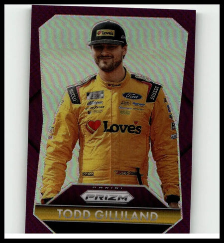 Yellow racing suit with black and red accents featuring loves branding on todd gilliland purple panini prizm card