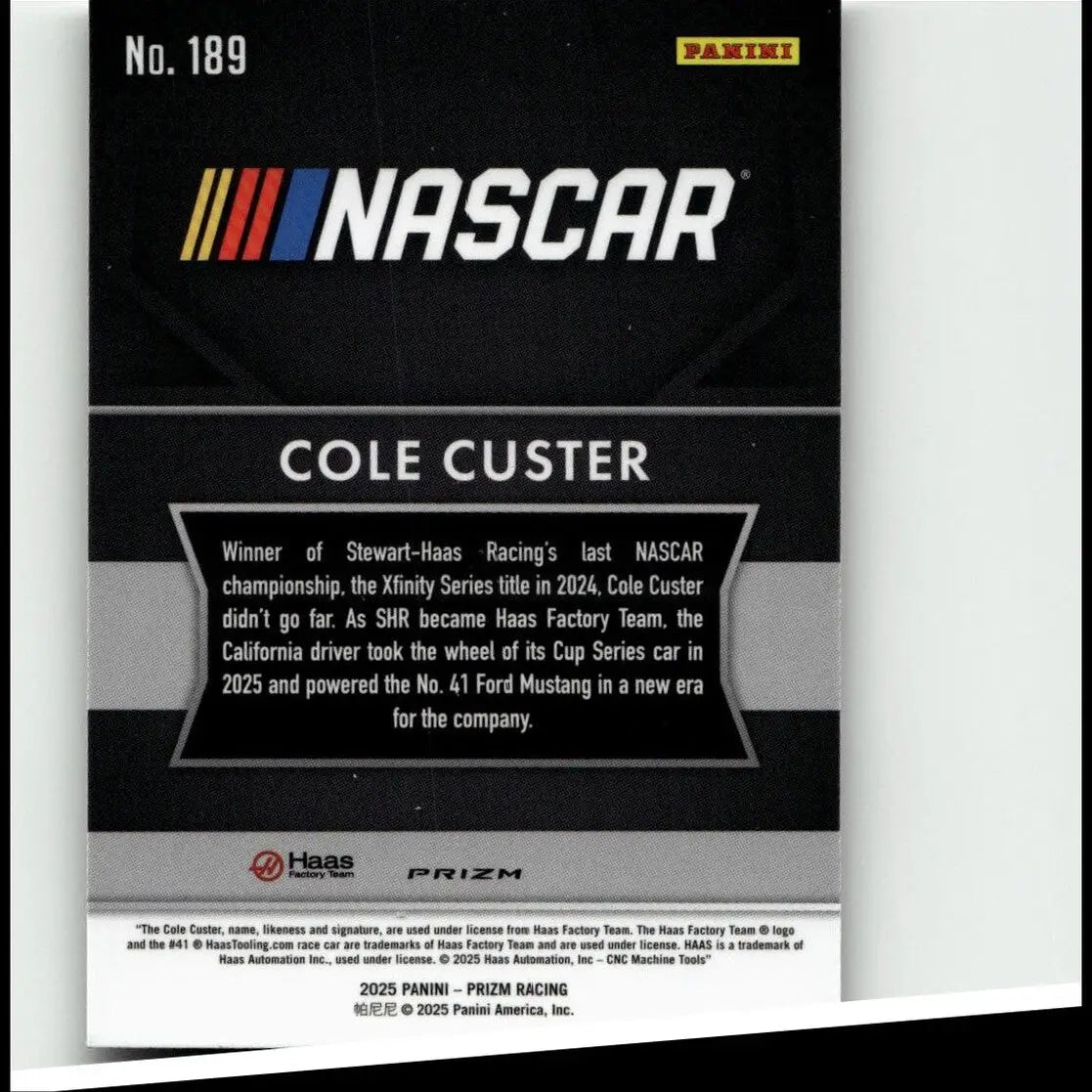 Black nascar trading card featuring cole custer silver with glossy panini prizm design and silver white text