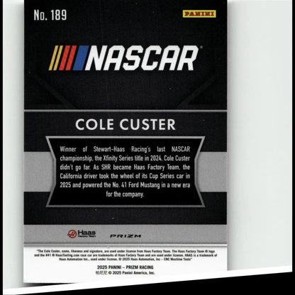 Black nascar trading card featuring cole custer silver with glossy panini prizm design and silver white text