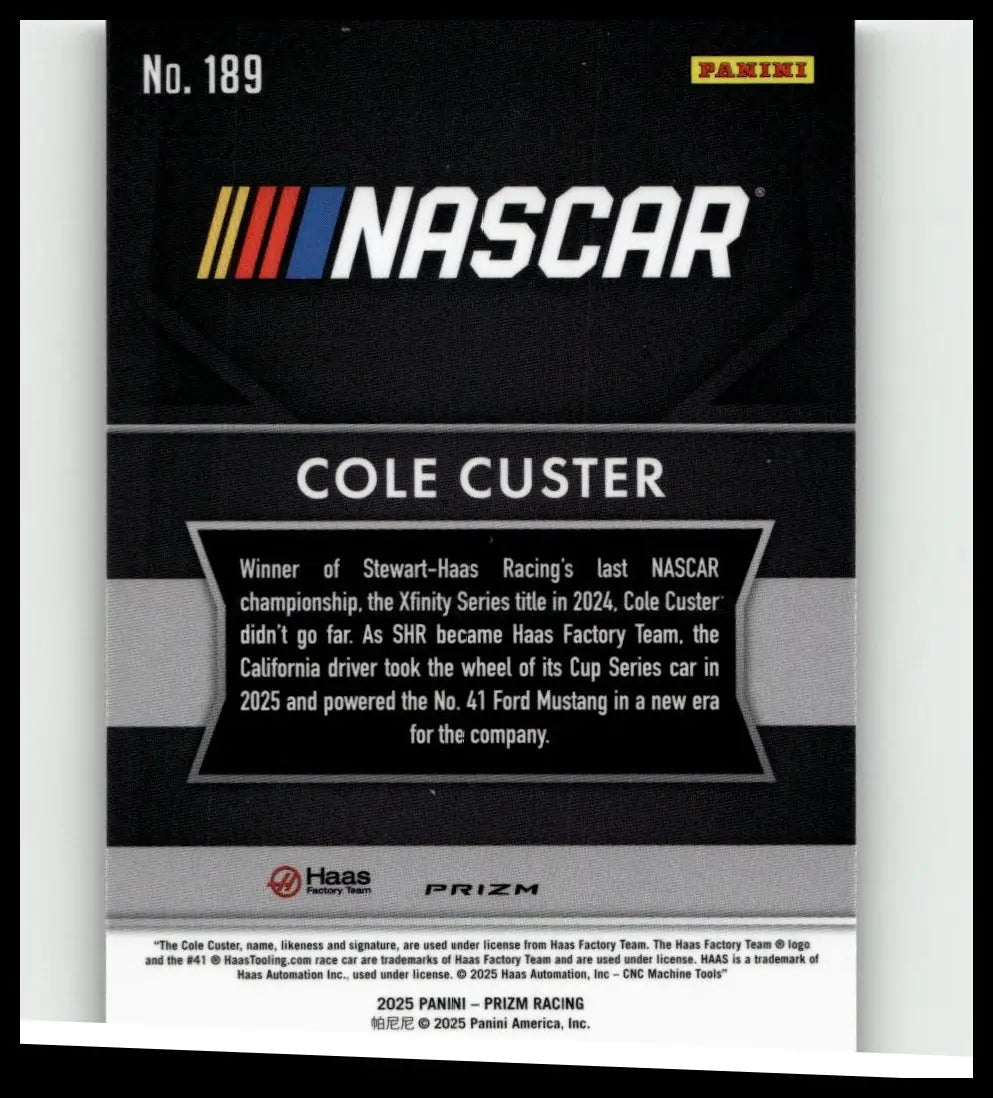 Black and silver cole custer silver nascar trading card with glossy finish and bold white lettering from 2025 panini prizm