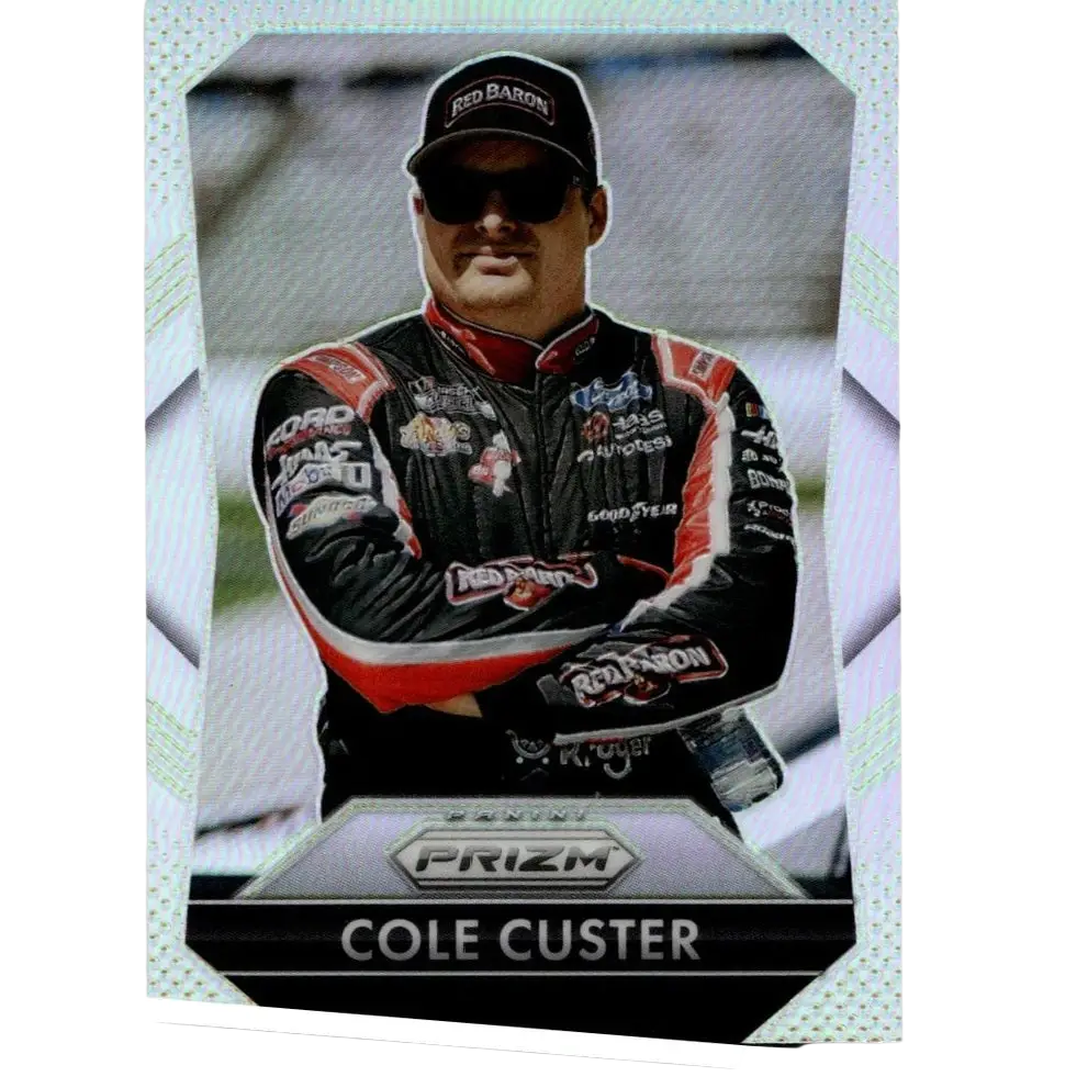 Black and red racing suit with sponsor logos worn by cole custer in 2025 panini prizm cole custer silver card