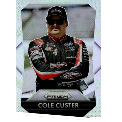 Black and red racing suit with sponsor logos worn by cole custer in 2025 panini prizm cole custer silver card