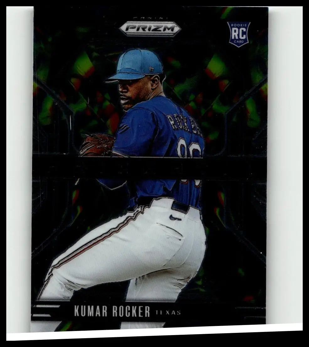 Black prizm baseball trading card of kumar rocker in blue and white uniform mid-pitch from 2025 panini prizm prizmatic