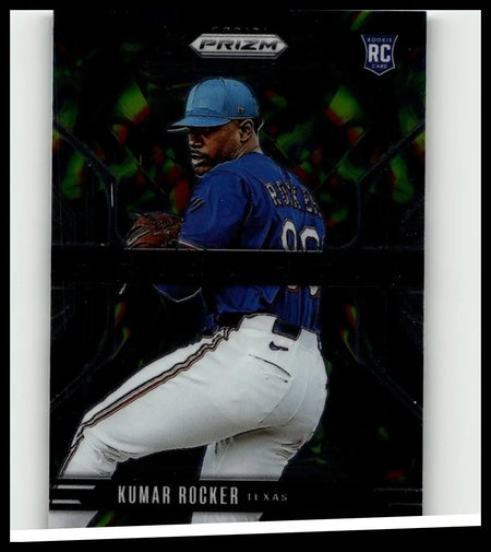 Black prizm baseball trading card of kumar rocker in blue and white uniform mid-pitch from 2025 panini prizm prizmatic