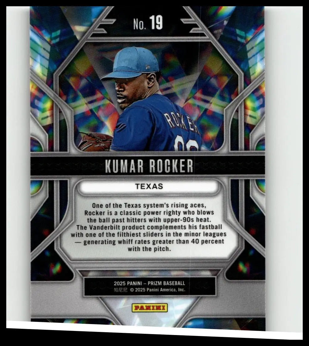 Blue baseball cap with white logo worn by kumar rocker on 2025 panini prizm #19 kumar rocker prizmatic card