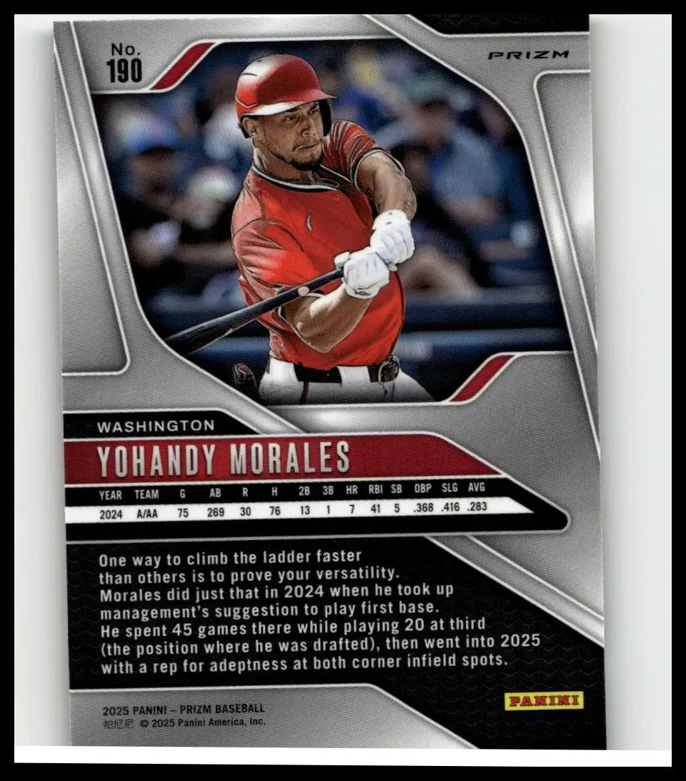Silver and red 2025 panini prizm #190 yohandy morales ruby wave baseball card featuring morales in batting stance