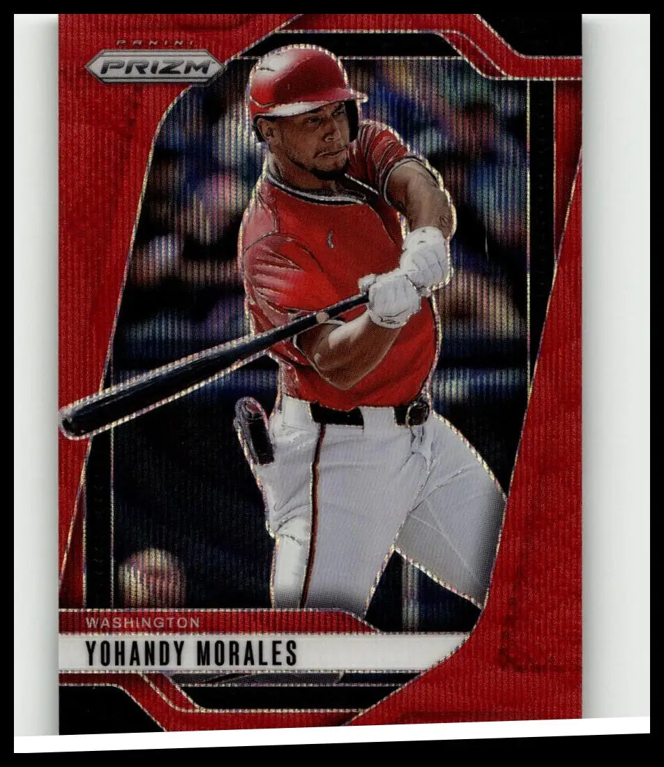 Red and black 2025 panini prizm baseball card featuring yohandy morales ruby wave in a red uniform holding a bat