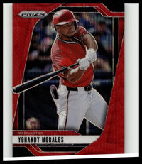 Red and black 2025 panini prizm baseball card featuring yohandy morales ruby wave in a red uniform holding a bat