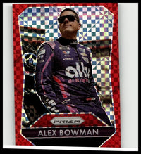 A 2025 panini prizm alex bowman red power trading card framed by a glossy red and blue checkered border