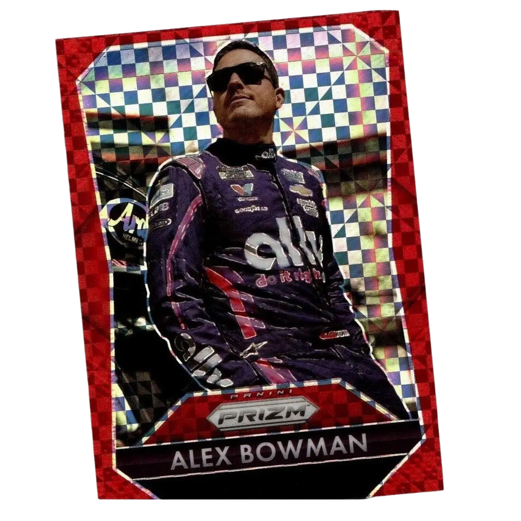 Red-bordered holographic panini prizm trading card featuring nascar driver alex bowman in blue ally suit bowman red power