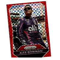 Red-bordered holographic panini prizm trading card featuring nascar driver alex bowman in blue ally suit bowman red power