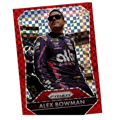 Red-bordered holographic panini prizm trading card featuring nascar driver alex bowman in blue ally suit bowman red power