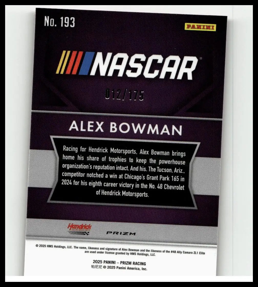 Black nascar trading card featuring alex bowman red power numbered 012/175 from 2025 panini prizm collection