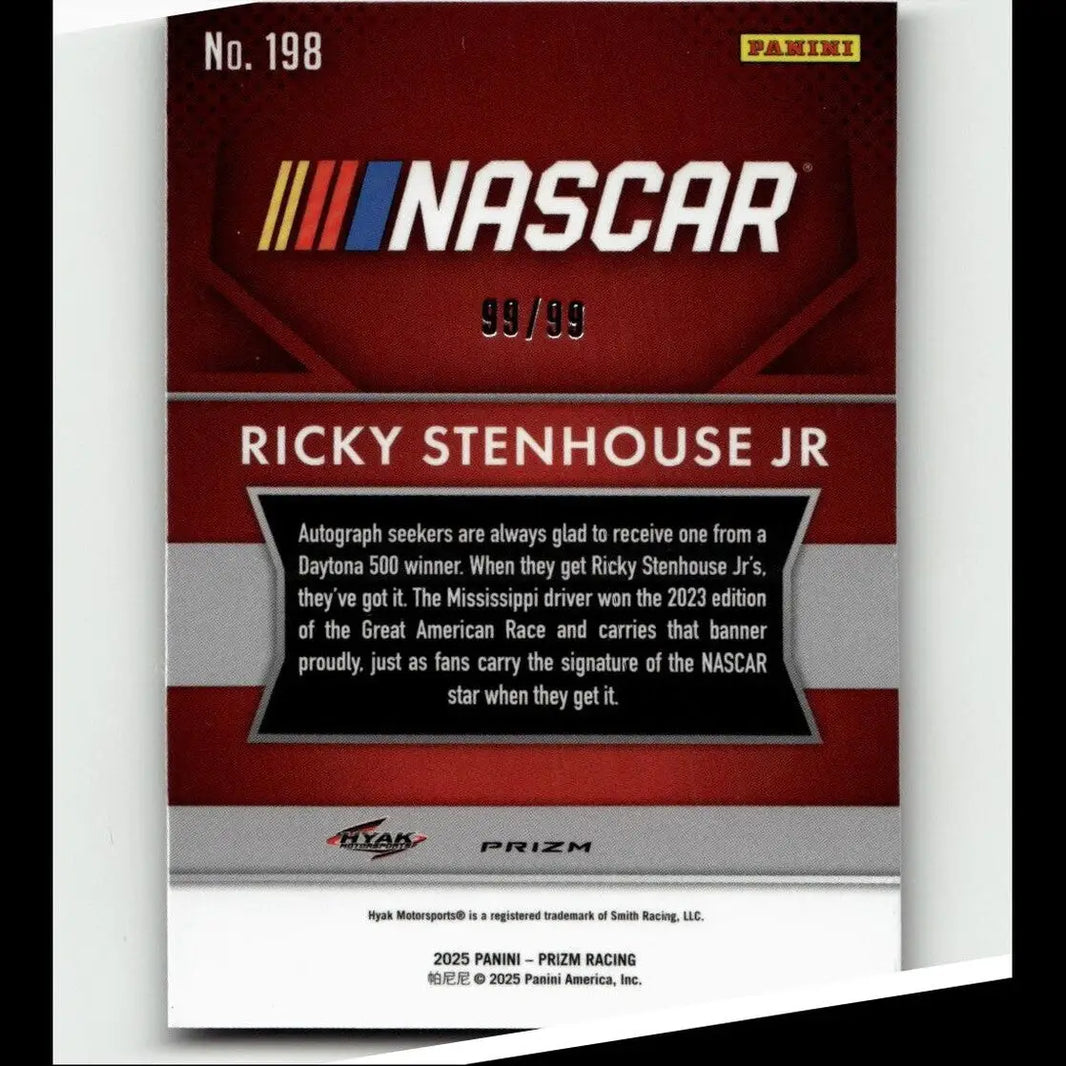 Red and silver nascar trading card featuring ricky stenhouse jr purple from 2025 panini prizm numbered 99 of 99