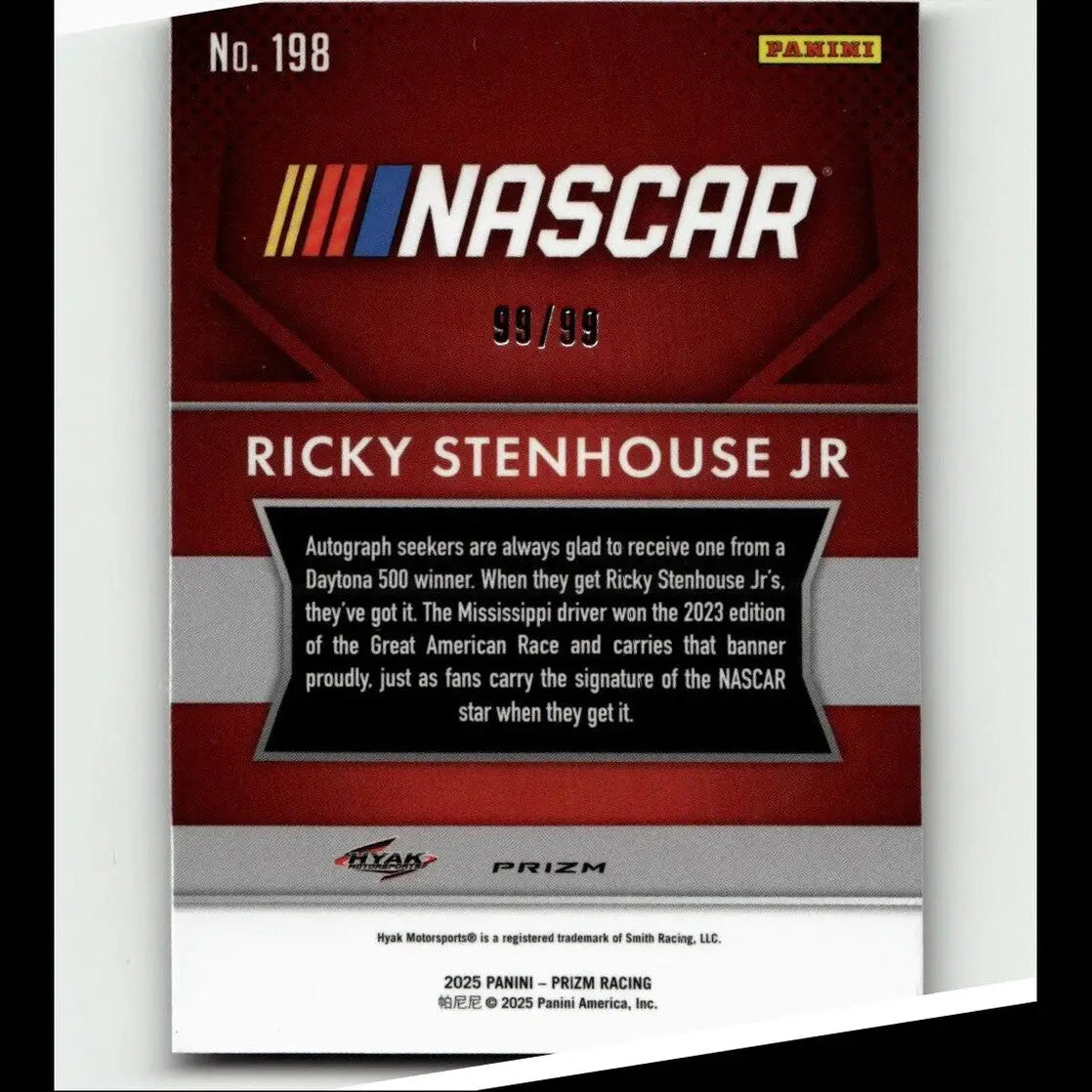 Red and silver nascar trading card featuring ricky stenhouse jr purple from 2025 panini prizm numbered 99 of 99