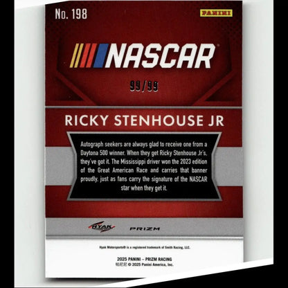 Red and silver nascar trading card featuring ricky stenhouse jr purple from 2025 panini prizm numbered 99 of 99